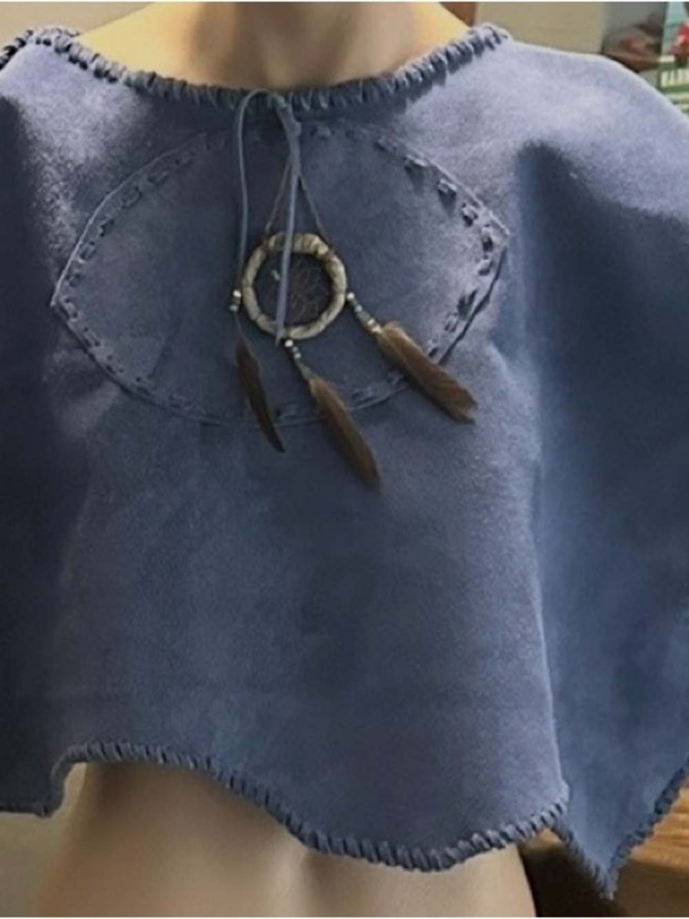 Hand Crafted by Redhawk Designs Blue Leather Poncho w/a dream catcher accent. - Picture 4 of 4